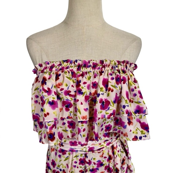 MISA Los Angeles Sabella Strapless Ruffle Tie Waist Midi Dress in Fuchsia Floral - Picture 5 of 16